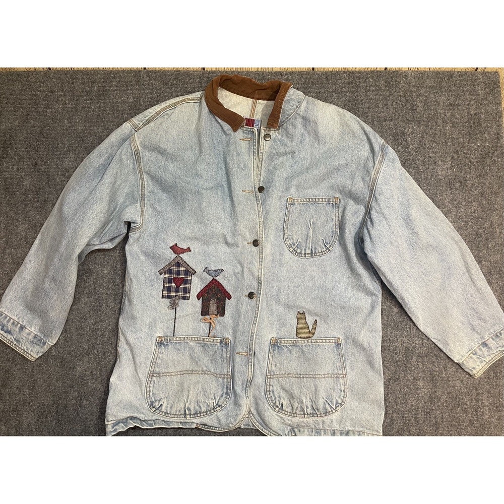 Vintage 90s Sun Belt Denim Jean Jacket Embroidered patchwork  Size XL Y2K